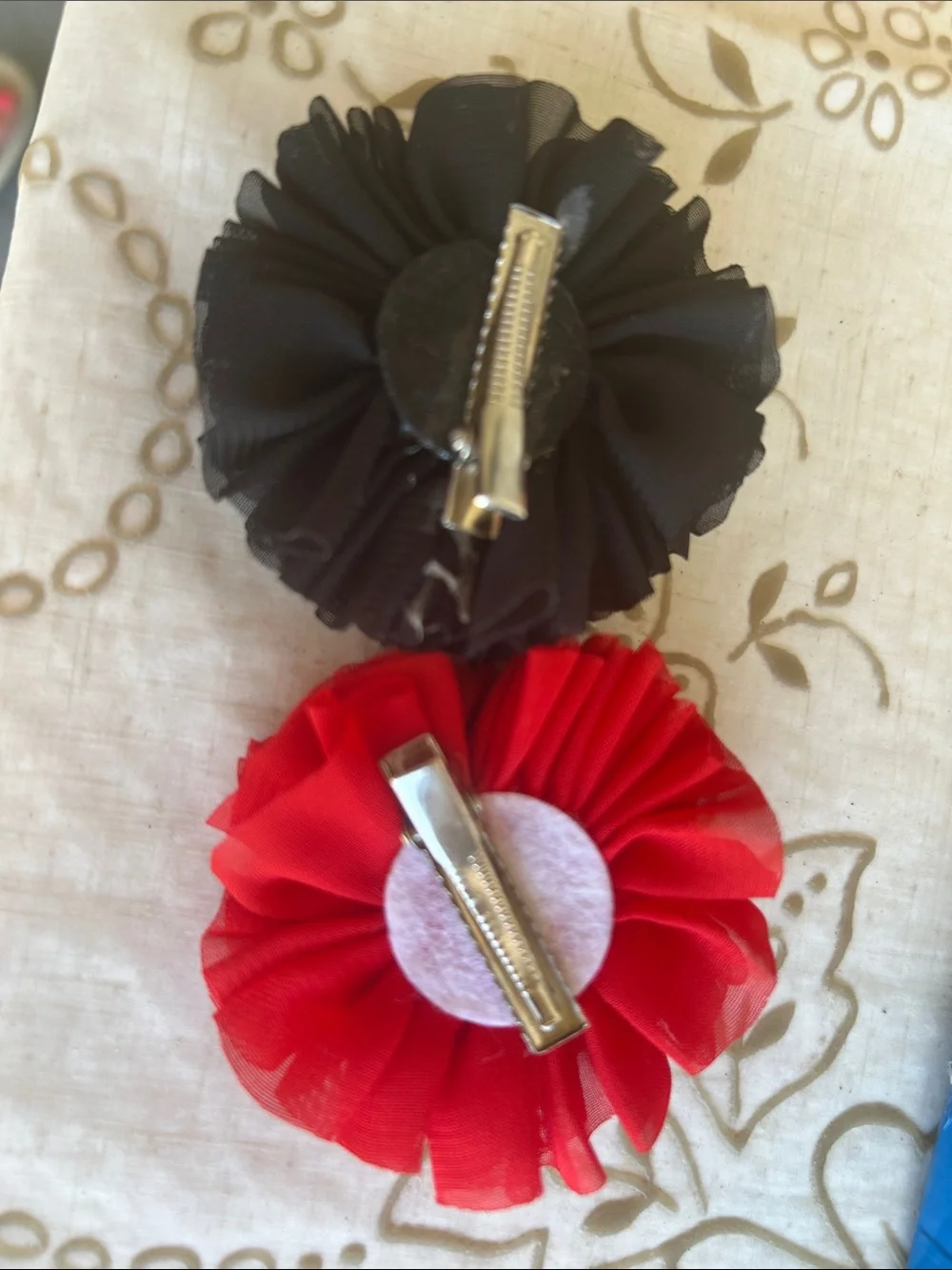 Ruffled Flower Hair Clips in Black and Red with Pearl Rhinestone Centers